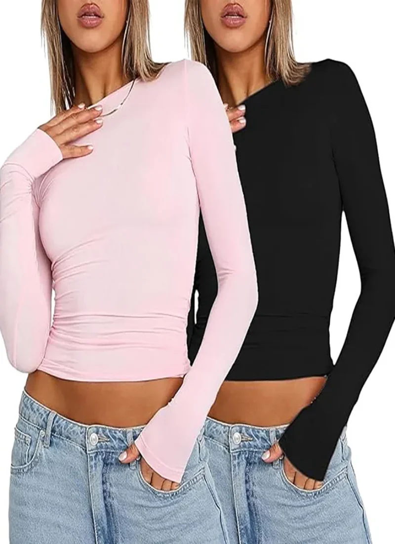 T-shirt à manches longues rose , haut court pour dames